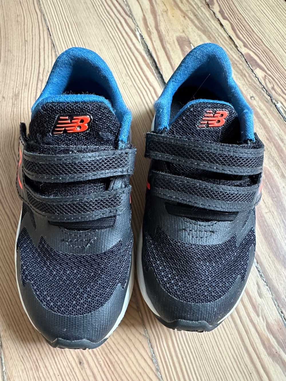 New Balance Black & Blue Kids' Velcro Athletic Sneakers with Orange Logo